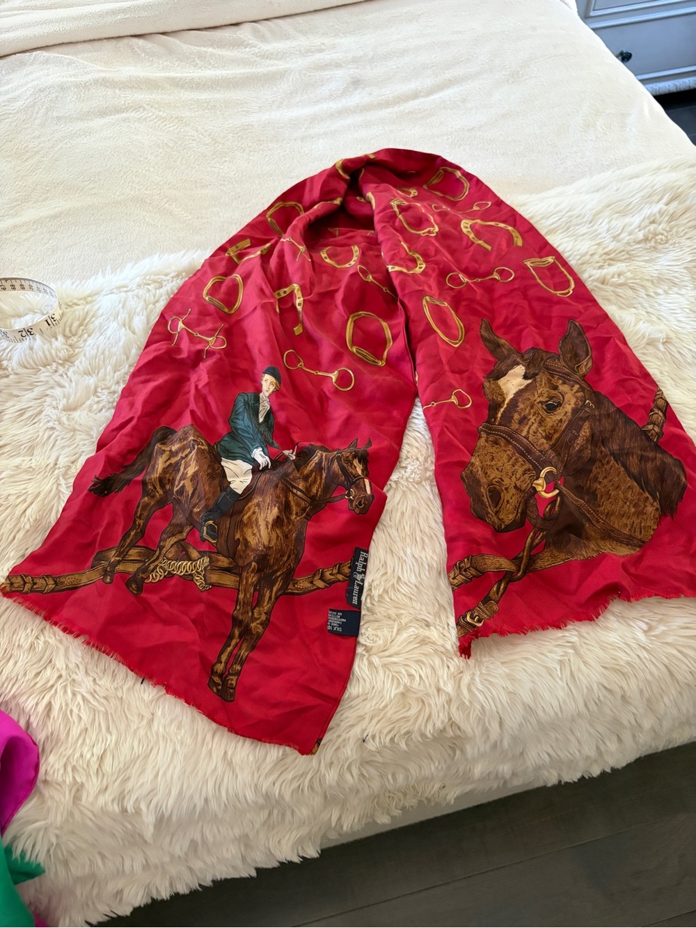 Equestrian Print Red Silk Scarf by Ralph  Lauren Vintage ascot